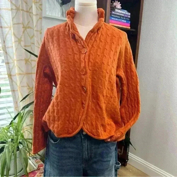 Talbots Cardigan Orange Merino Wool Cable Pattern Sweater Petite Medium - Picture 5 of 15